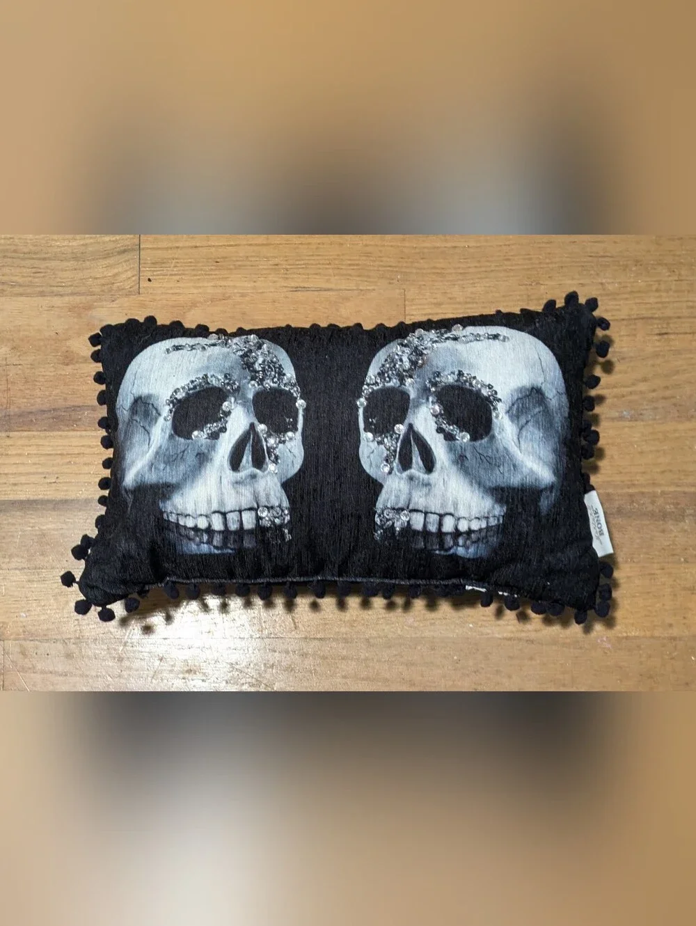 Halloween Skull Throw Pillow Black Silver Double Skull Pom Pom Trim 16